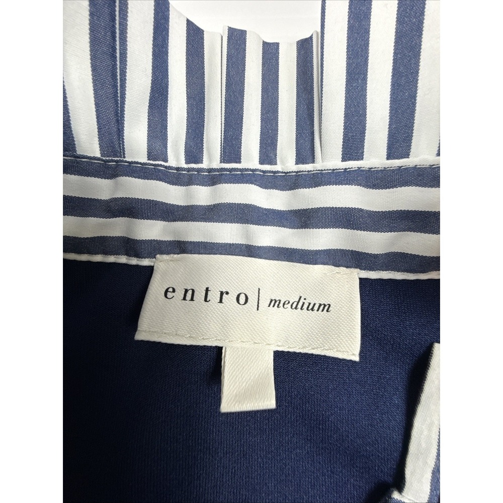 Entro Navy Puff Sleeve Top with Striped Contrast Cuffs & Ruffle Neck M - Picture 2 of 9